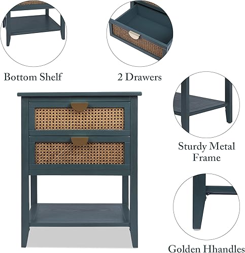 Miniatura 5 de Mesita de noche de ratán, mesita de noche, moderna mesa auxiliar de madera con 2 cajones y estante de almacenamiento para sala de estar o dormitorio