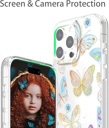 Miniatura 3 de Funda transparente con purpurina para iPhone 15 Pro Max para mujeres y niñas, bonito patrón floral de mariposas azules y amarillas, funda protectora