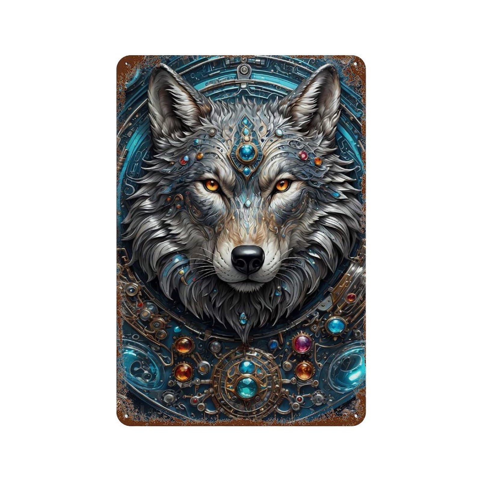 Mega Steampunk Wolf Rust Effect Tin Sign 11.8"x7.9", Rustic Home Decor for Cafe, Home Bar And Lounge Decor
