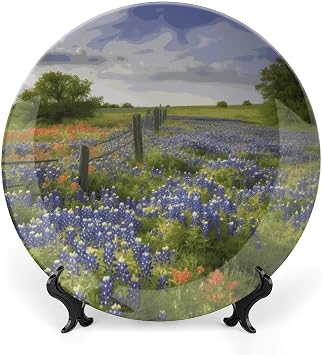 Bone China Decorative Plate with Display Stand Texas Bluebonnets Scenery Ceramic Decorative Plates Round Ceramic Dinner Plate Art Crafts Ceramic Ornaments for Home Office Wall Decor 8inch