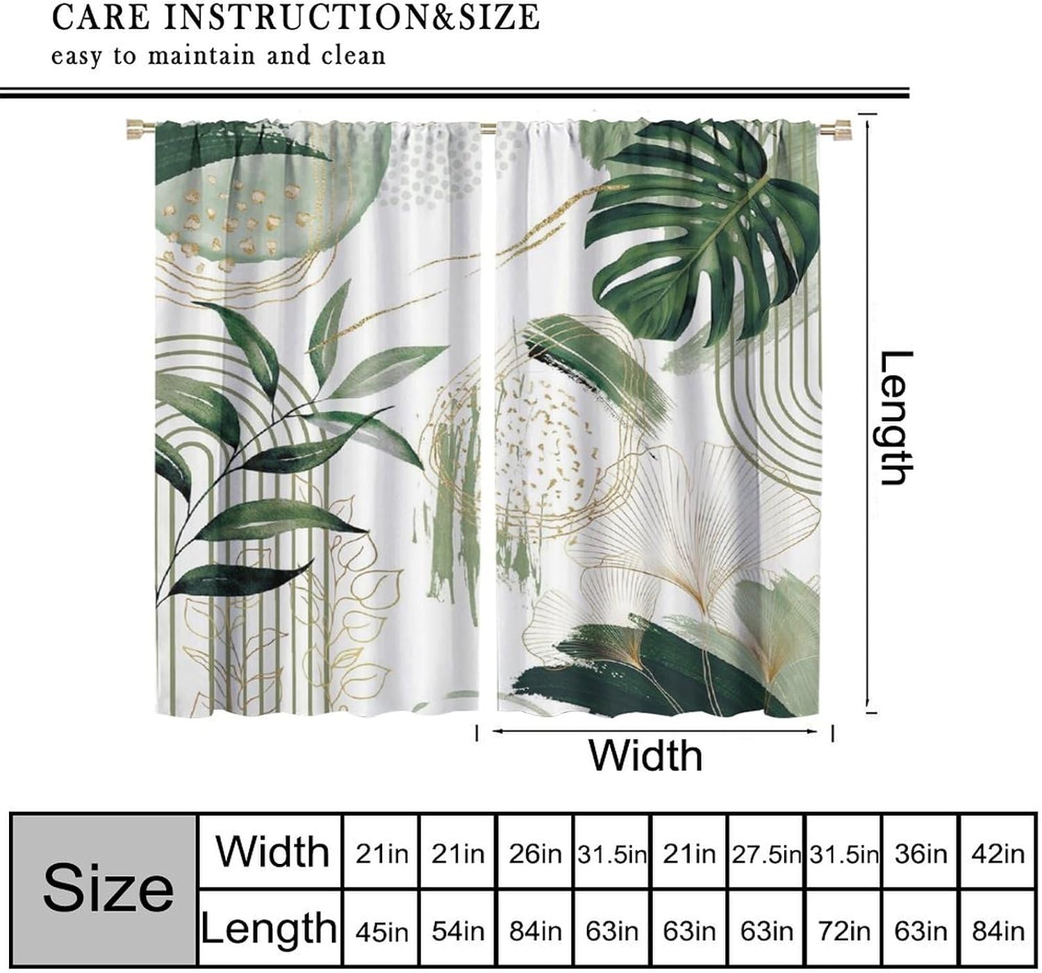 Boho Leaf Curtains, Mid Century Abstract Green Gold Leaves Tropical Palm Modern Minimalist Geometric Window Treatments for Bedroom Living Room Kitchen Cafe Bohemian Drapes, 42x45 Inch Decor