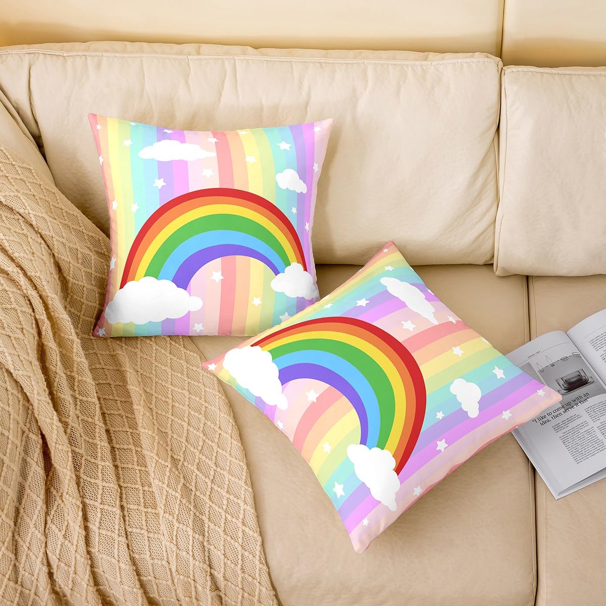 Homewish Cartoon Rainbow Throw Pillow Cover 22x22 Inch Colorful Stripes Cute Stars Clouds Cushion Cover for Kids Girls Teens White Clouds Hippie Dreamy Girly Cushion Case for Bed Couch Car