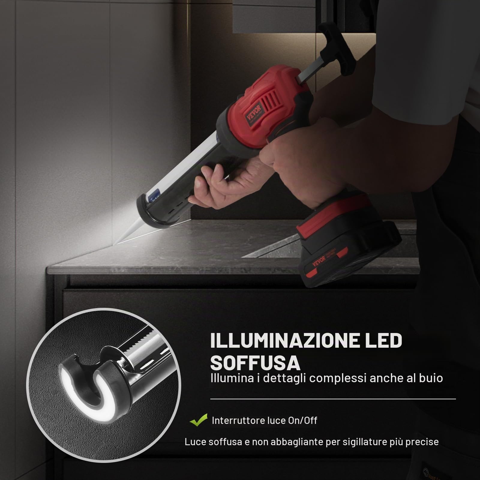 VEVOR Pistola Elettrica Senza Fili per Cartucce Pistola per Sigillante 300 ml 20 V, Pistola per Calafataggio Caricatore Rapido Antigoccia 4 Velocità Regolabili per Calafataggio Riempimento Sigillatura