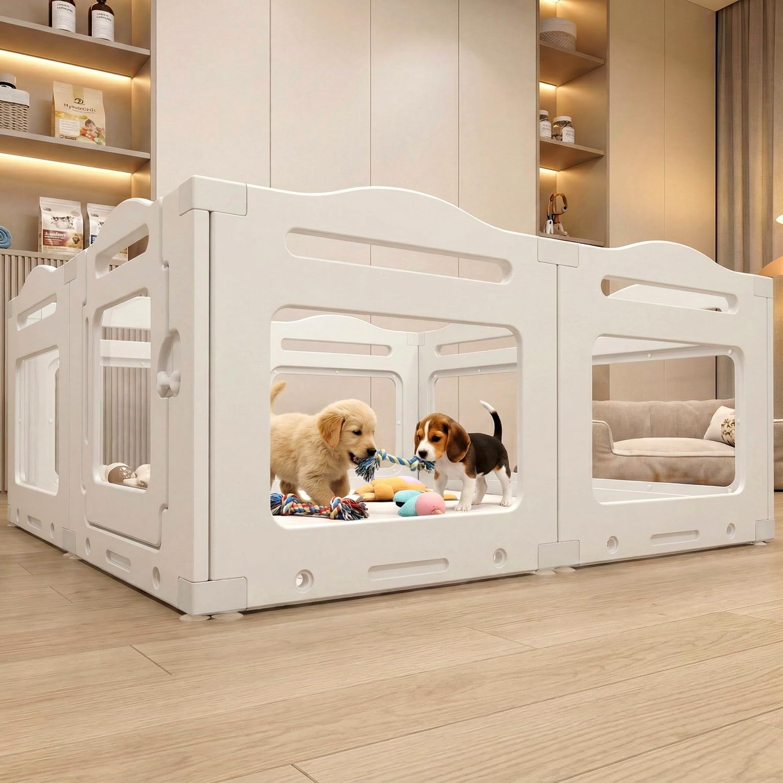 MAMIZO Recinto per Cani Acrilico 129 × 129 × 60 cm, Box per Cuccioli | Box per il Parto Cani con Porta a Chiusura e Ventose, 8 PCS Pannelli Parco per Cani adatto Appartamento, Bianco
