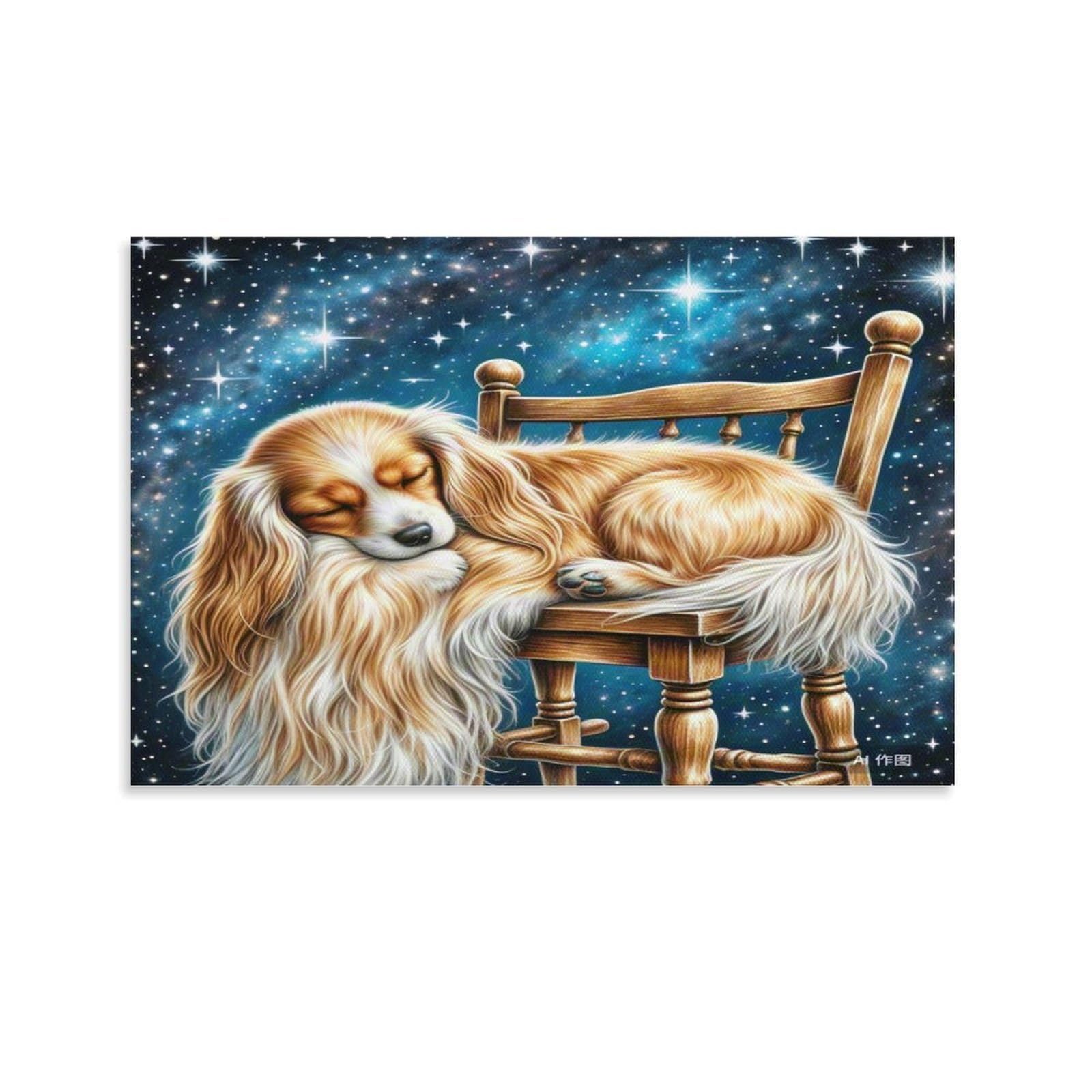 CPLVKWRQJ Sleeping Dog on Chair Under Stars Individual Cocker Spaniel Sleeping Chair Starry Cosmos Canvas Wall Hanging - Office Wall Focal Art Fade Resistant Statement Piece Decor 20x30inch(50x75cm)