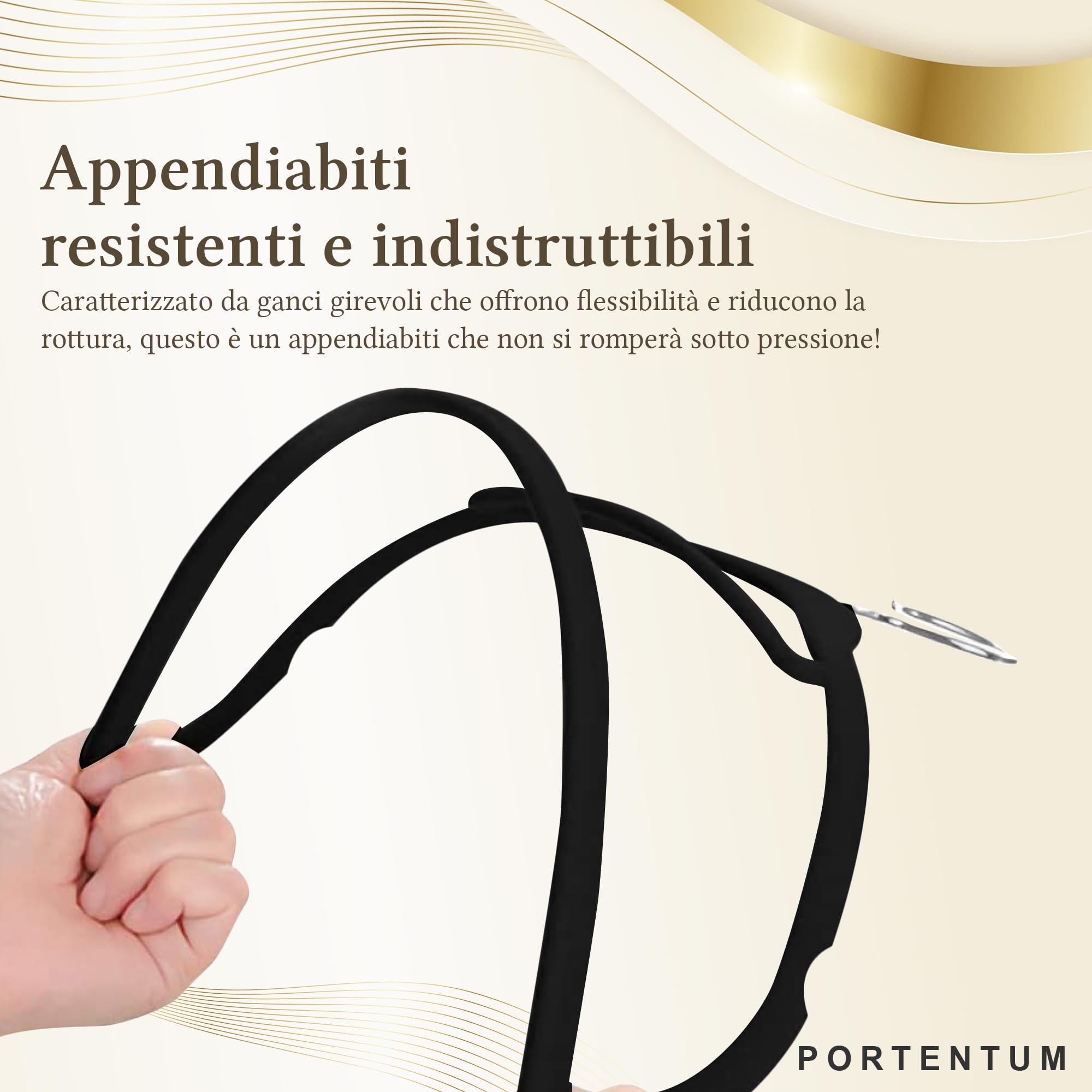 PORTENTUM Grucce in Velluto, Confezione da 50, Nero - Antiscivolo con Gancio Girevole 360º, Scanalature e Supporto Accessori, Salvaspazio 0,6 cm Spessore, Made in Spain