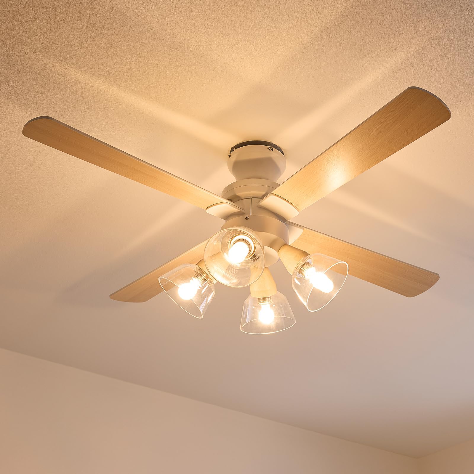 Lowya Ceiling Fan Light with LED, 4 Lights, 3 Wind Speed Settings, Reversible Blades, Remote Control, Wood Grain Glass Shade, 4 Blades, 3-Level Adjustment, Natural/White