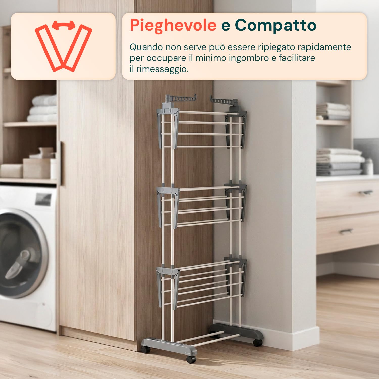 Avilia - Stendino Verticale 3 Livelli con Ruote Pivottanti – Stendibiancheria Verticale Salvaspazio PP+Ferro, 20 kg | Stendino Salvaspazio L105×P64×A173 cm, Bracci 29 cm (Grigio Scuro)