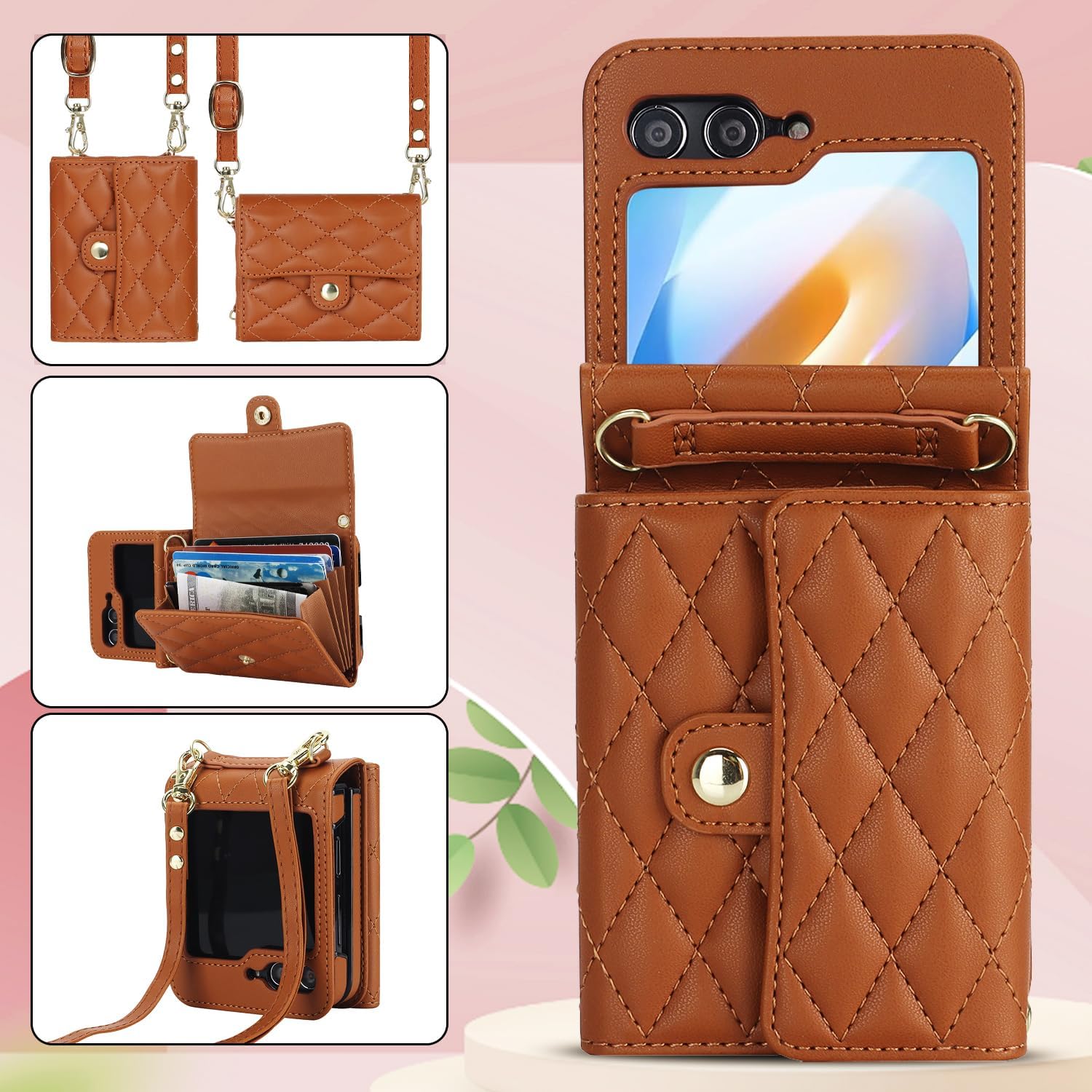 Crossbody Wallet Phone Case for Samsung Galaxy Z Flip 7 FE, Premium PU Leather Cover with Hinge Protection & Adjustable Strap Lanyard & RFID Blocking Card Holder, Aesthetic Luxury (Brown)