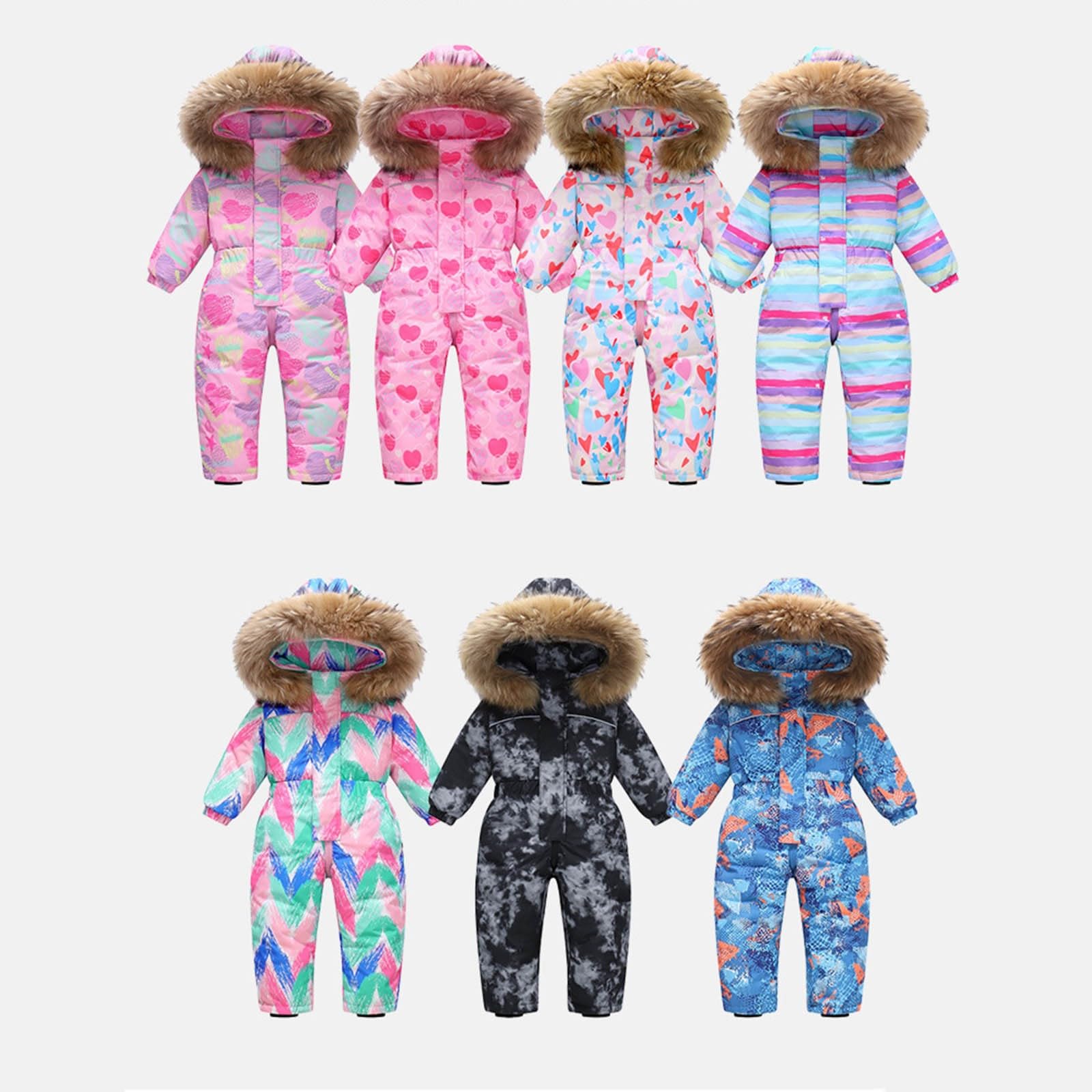 Traje de nieve para bebé, mono de nieve con cuello de piel y capucha, mono de plumón grueso, traje de esquí para niños pequeños, impermeable, resistente al viento, multicolor, mono de esquí