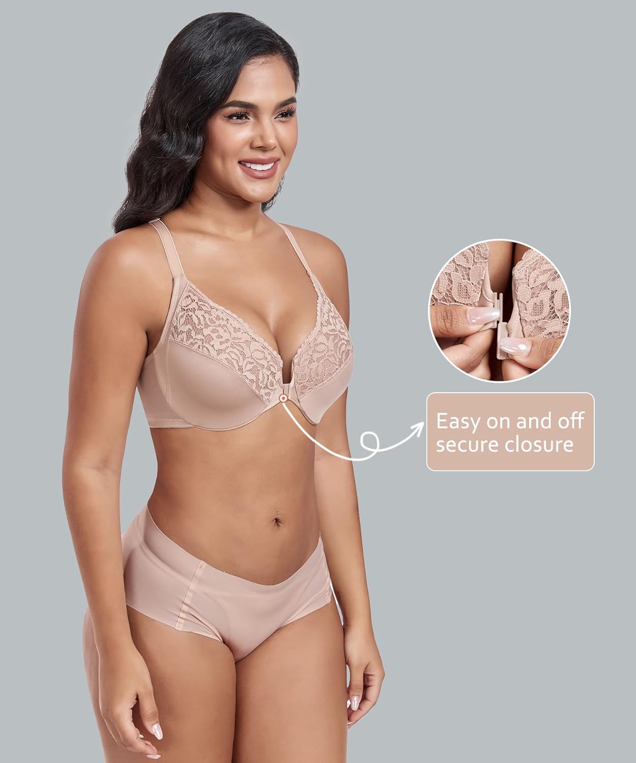 DotVol Women's Plus Size Flower Lace Front Closure T-Back Underwire Everyday Bra - Image 4