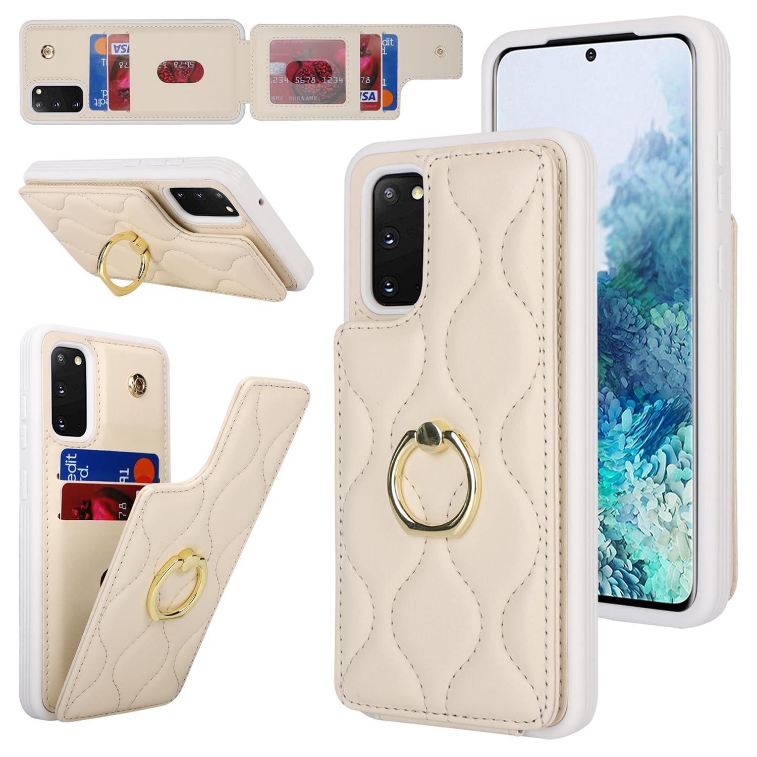 Lipvina for Samsung Galaxy S20 5G Case with Card Holder,Credit Card Holder,Stand Ring Kickstand,Phone Wallet Case for Women 6.2"(Beige)