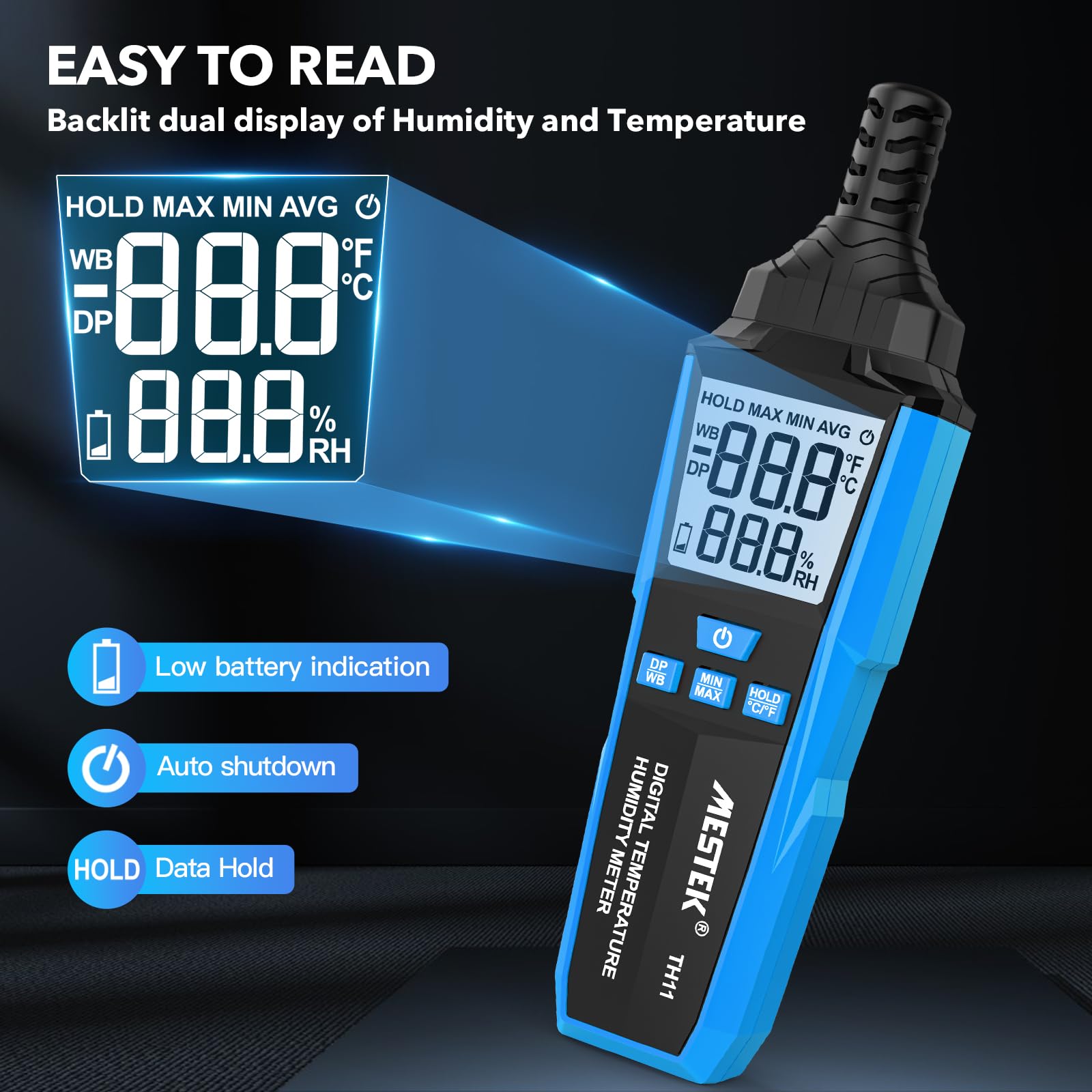 Hygrometer Thermometer MESTEK Digitales Thermo-Hygrometer innen außen, zur Messung von Umgebungstemperatur/Luftfeuchtigkeit, Taupunkttemp und Feuchtkugeltempr, für Gewächshaus, Meteorologie