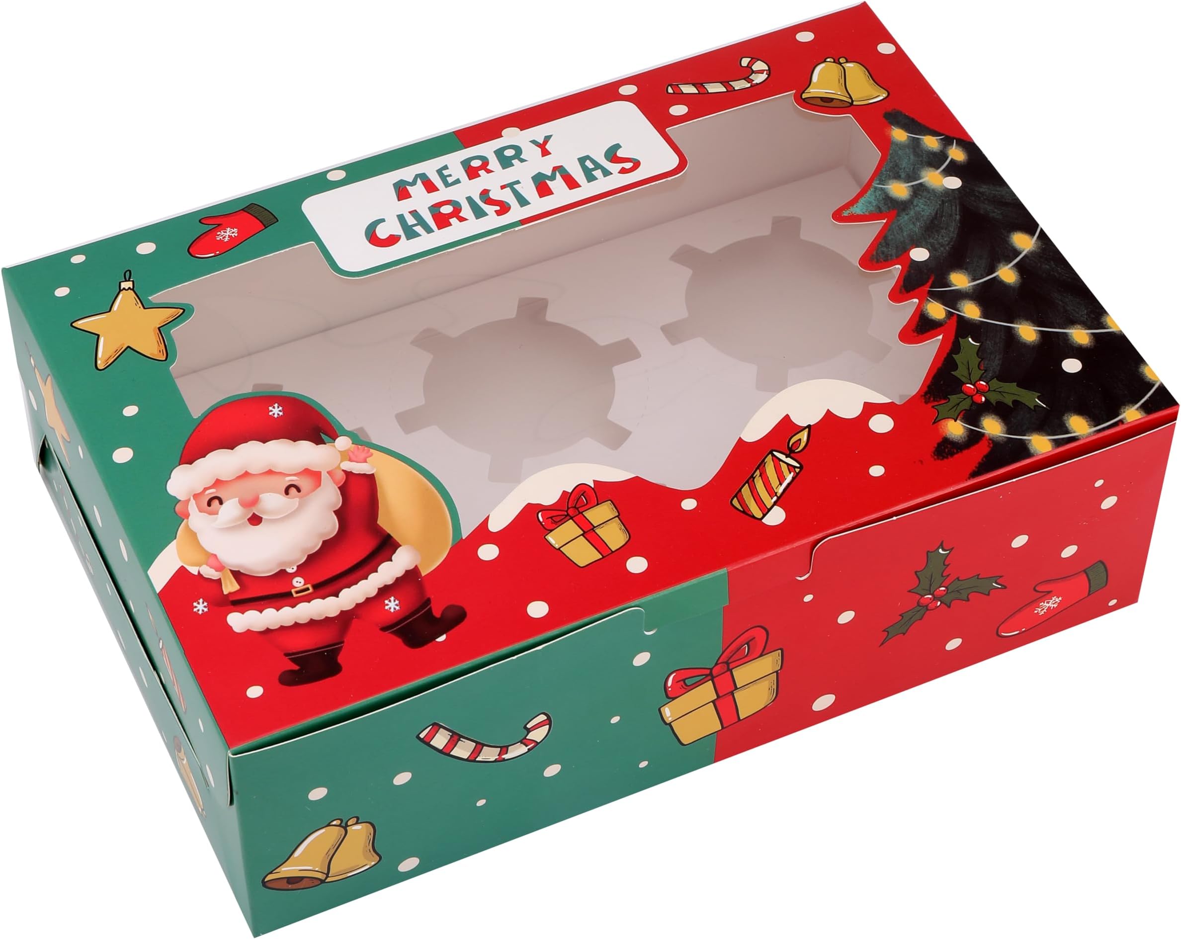 Red Dot Gift 12-Pack 6 Cavities Christmas Paper Cupcake Box,Gift Box with Inserts Cupcake Containers Bakery Cake Carriers for Home Dessert Shop