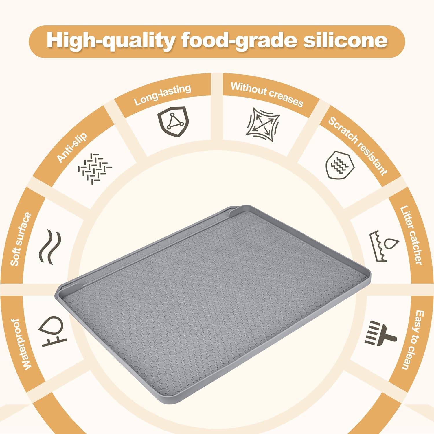 Meiliweser Extra Large Cat Litter Box Mat 34" x 22" – Waterproof Silicone Litter Trapper, Non-Slip, Easy to Clean Floor Protector, Soft on Kitty Paws(Light Grey)