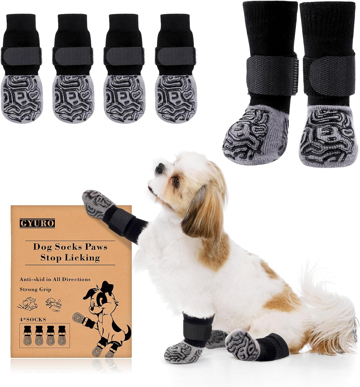 GYURO Dog Paw Protectors, 2 Pairs Anti Slip Dog Socks with Grips, Adjustable, for Hardwood Floors, Indoor Walking (XS)