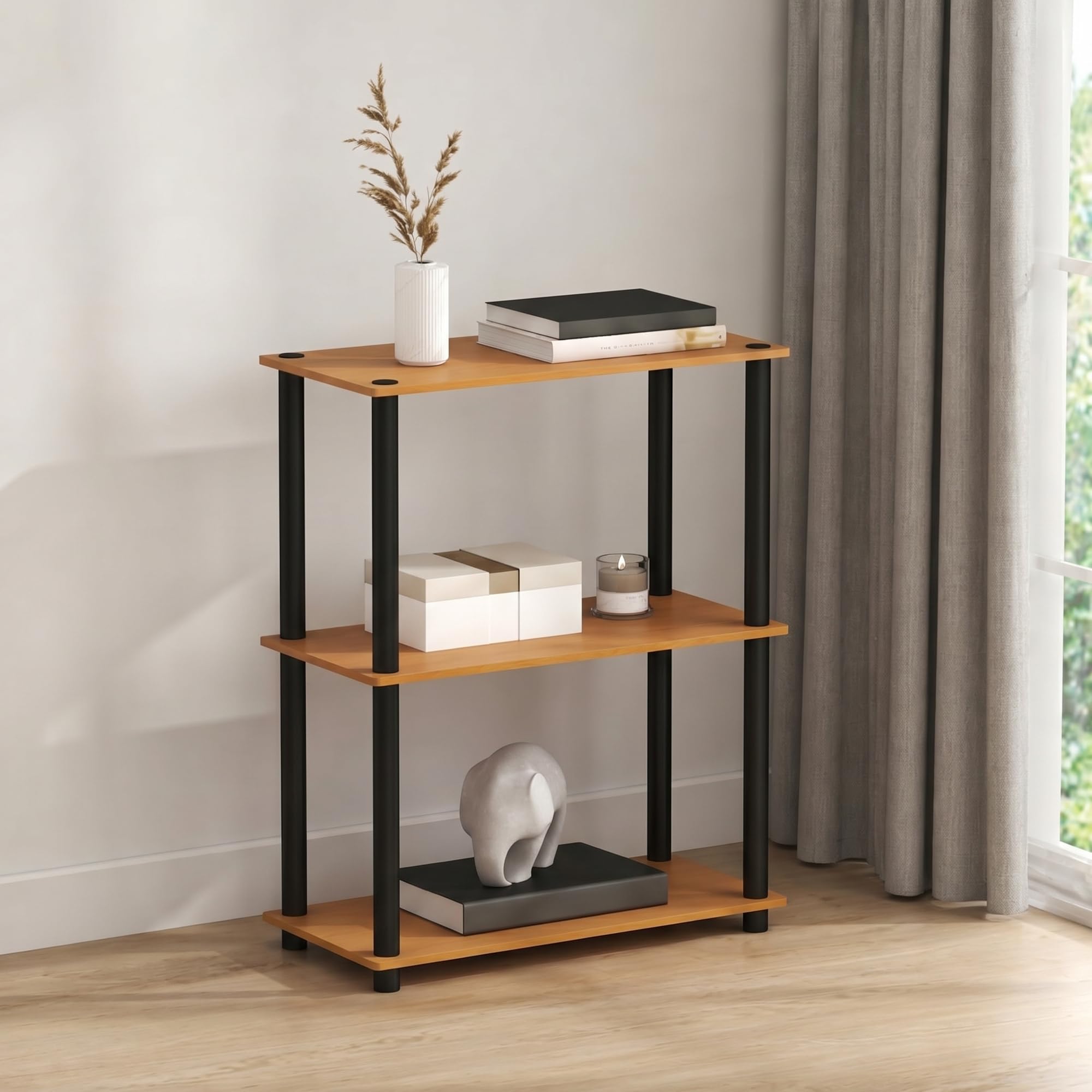Furinno TURN-N-TUBE Storage Shelves, 3-Tier Book Shelf, Corner Shelf, Toolless Open Shelves, for Organization and Storage, Living Room, Bedroom, Entryway, Laundry, Light Cherry Oak