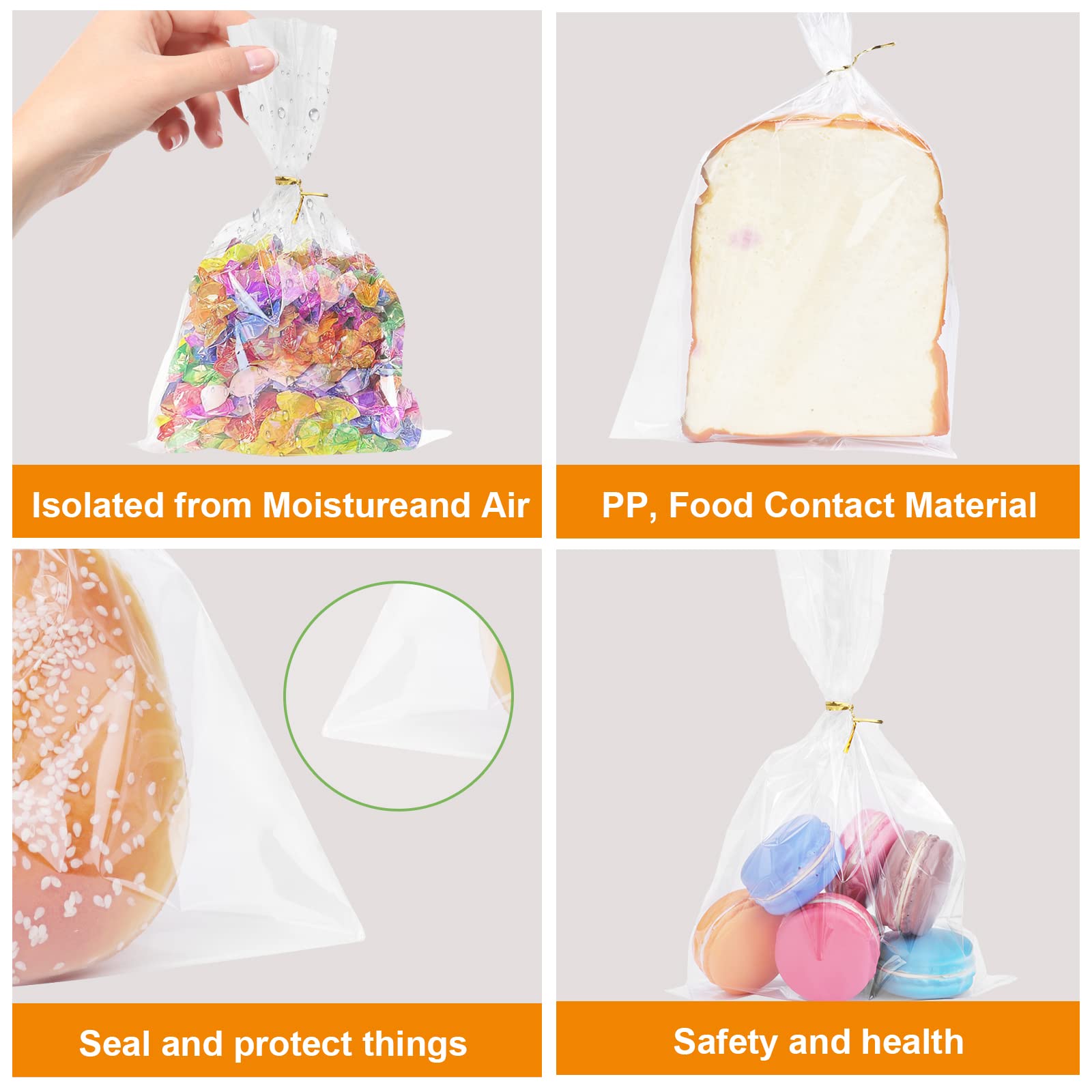 NEOACT 300 bolsas de celofán planas transparentes con lazos de 3 x 5, 4 x 6, 5 x 7, 6 x 9, 2 x 10, 5 x 11, las bolsas de golosinas con lazos son buenas para varillas de pretzel, panadería, galletas,