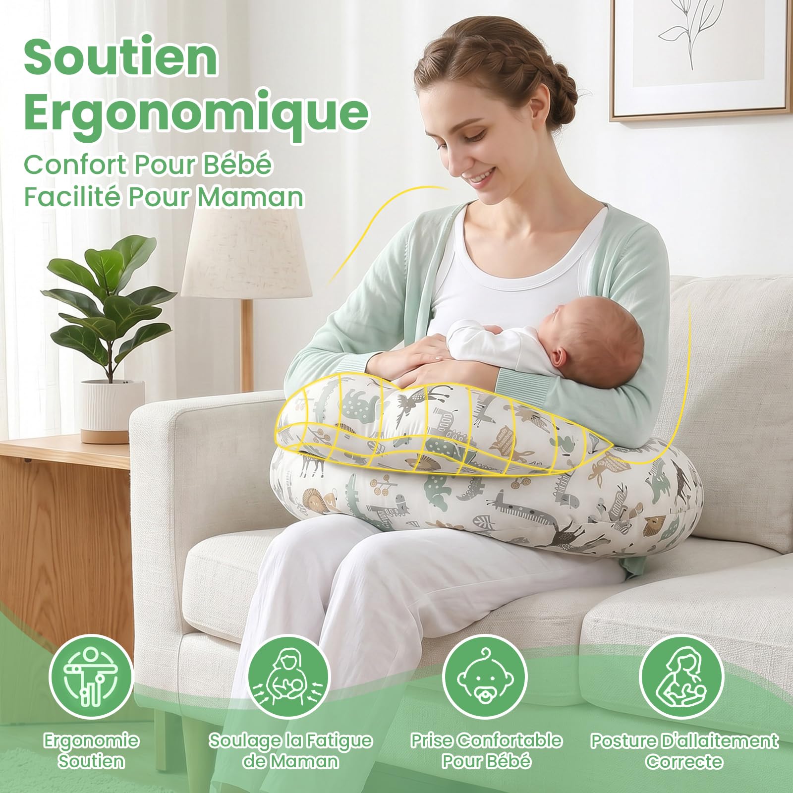 SHANNA Coussin Allaitement Coussin de Grossesse et d'allaitement XXL Oreiller d'allaitement Ergonomique Coussin de Maintien avec Coussin Housse 100% Cotton Amovible(Animaux de La Forêt)