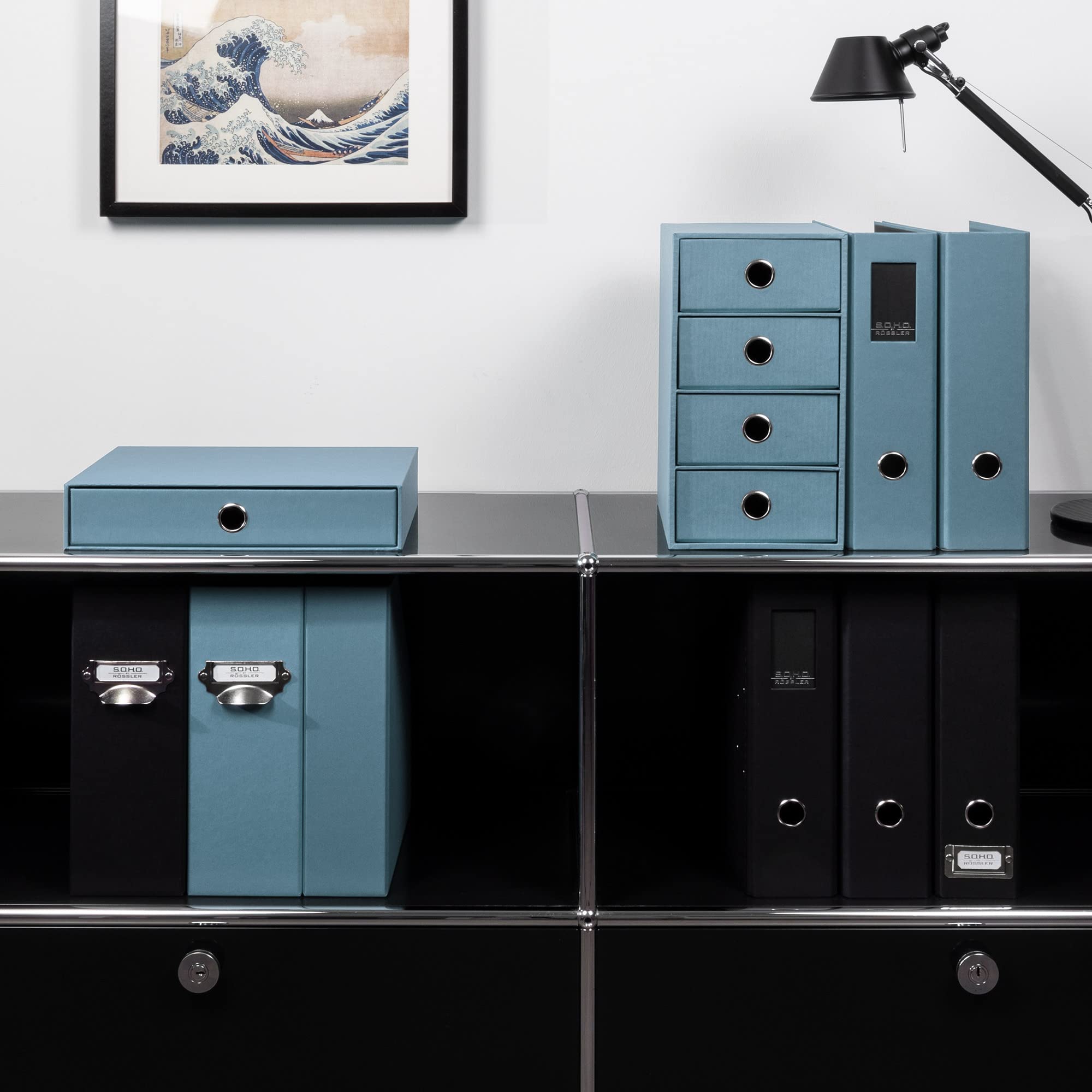 Rössler Boîte de rangement avec trou de préhension Bleu denim Format A4