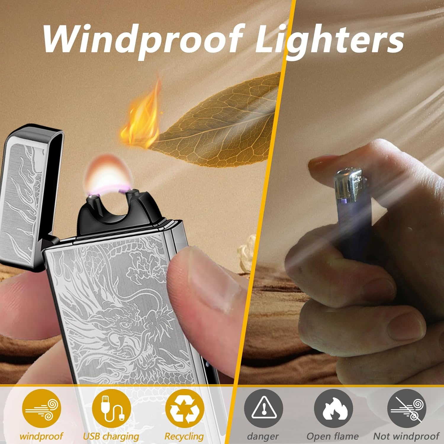 Dragon Lighter Rechargeable, Windproof USB Plasma Lighters Electric Lighter, Visual Battery Auto-Off, Cool Vintage Lighters Design for Camping Candle Gift（Black）