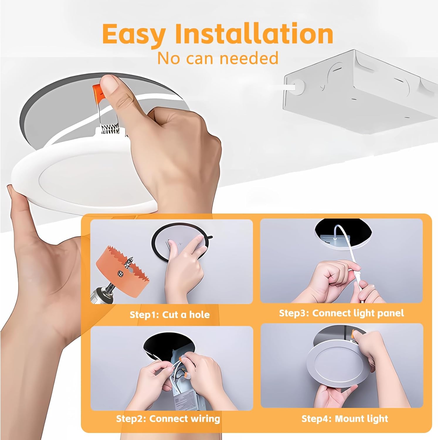 OKQ 6 Pack 4 Inch 5CCT Ultra-Thin LED Recessed Ceiling Light with Junction Box, 12W Dimmable High Brightness Canless Wafer Downlight for Kitchen,Bathroom,Living Room,Hallway -ETL&FCC