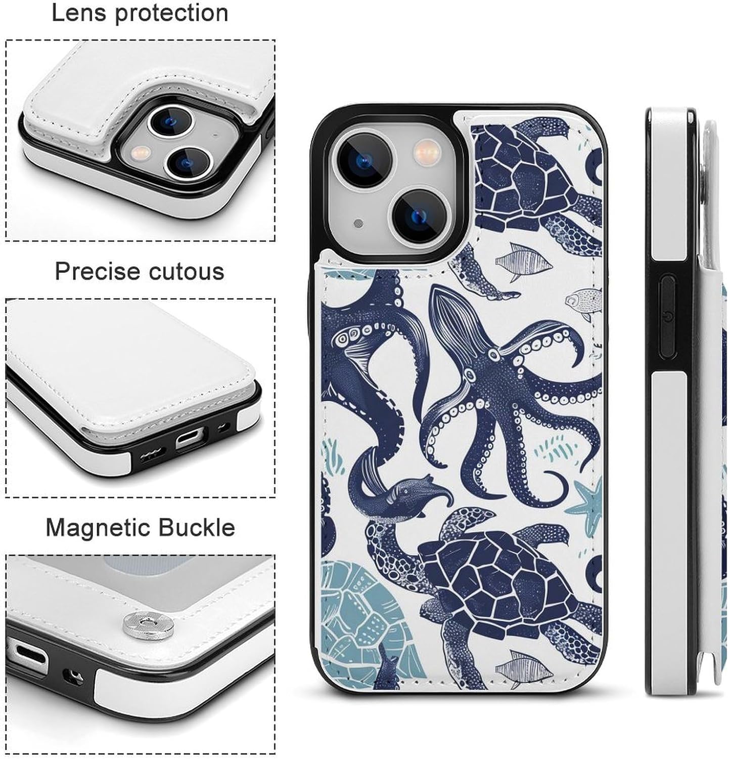 Turtle Octopus Pattern Ocean Theme Print Flip Phone Wallet Case for iPhone 14, PU Leather Magnetic Shockproof Phone Case Cover with Card Holder