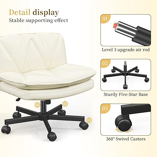 Miniatura 5 de Silla cruzada con ruedas, silla de oficina con patas cruzadas con cojín de 2 capas, cómodo asiento ancho, cuero, sin espacios, sillas de tocador