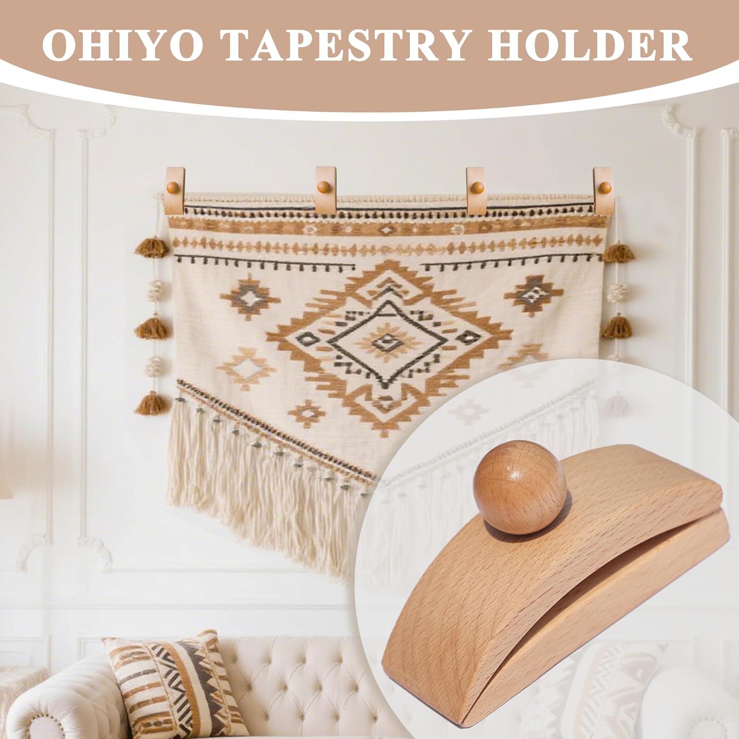 OHIYO Solid Beech Wood Tapestry Wall Hangers 4 Pack Quilt Hangers, Blanket Hanger Clamps for Display, Wooden Wall Clips for Hanging Rug