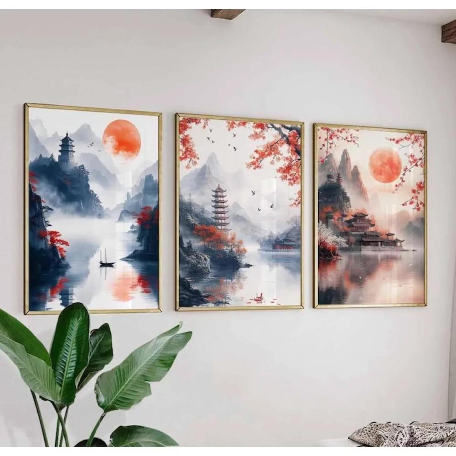 Cuadro abstracto para salón en lienzo de tres piezas con diseño decorativo de sol y luna en formato 40x60 8