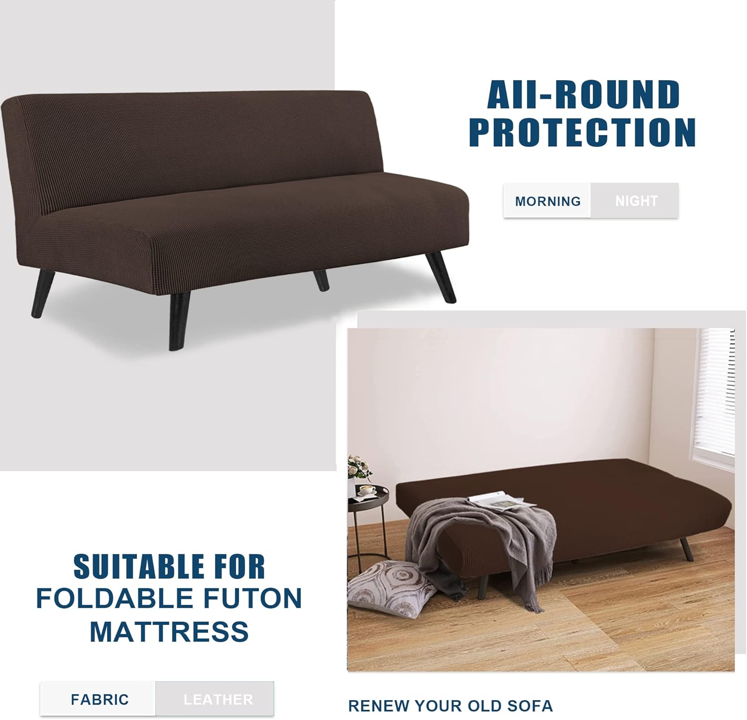 Water Repellent Armless Futon Cover, Stretch Full Queen Size Futon Slipcover Foldable Sofa Bed Cover Furniture Protector, Machine Washable, Chocolate