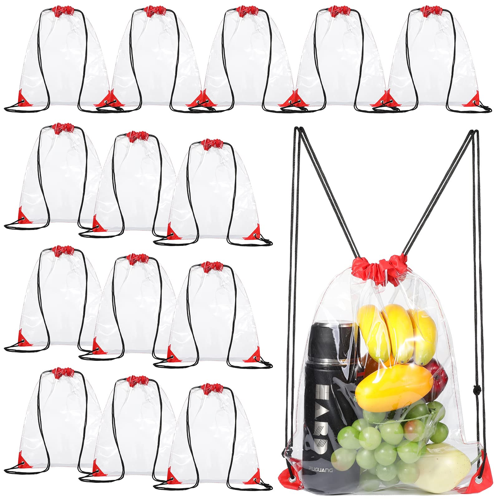 Riakrum 15 Pieces PVC Clear Drawstring Bag Small Waterproof Clear Plastic Drawstring Backpack For Stadiums Sporting Events (Wine Red)