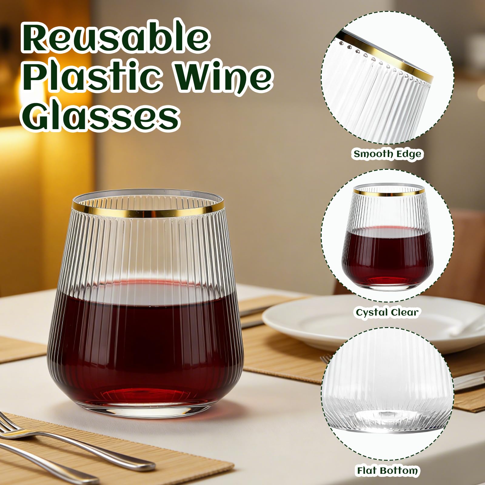 Lot de 24 verres à vin en plastique nervuré réutilisables sans pied – 350 ml – Verres en plastique réutilisables pour fête, mariage, pique-nique en plein air