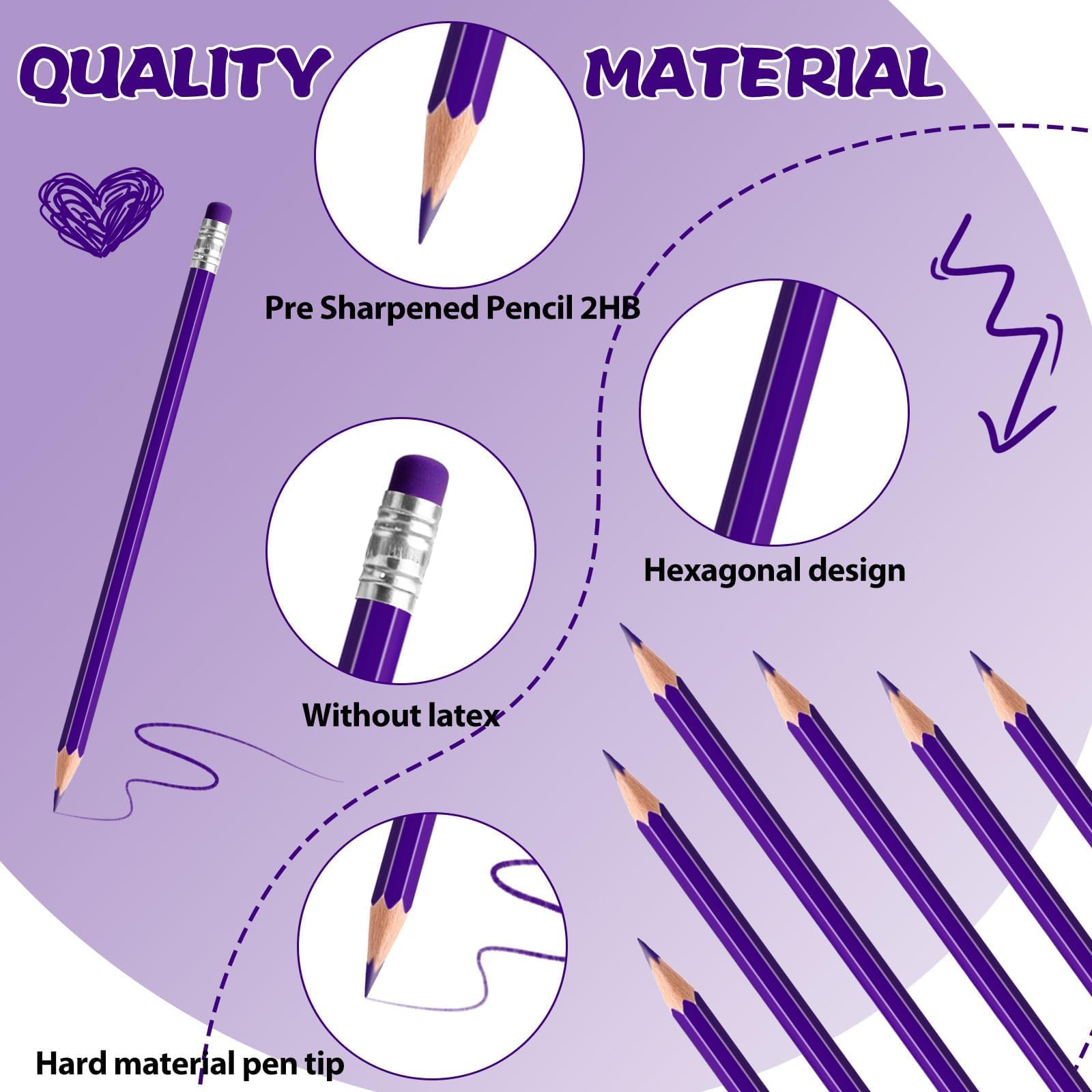 Lot de 12 crayons de couleur effaçables avec gomme pré-taillée 2 HB pour vérification, évaluation, tests et fournitures de bureau/scolaire (violet)