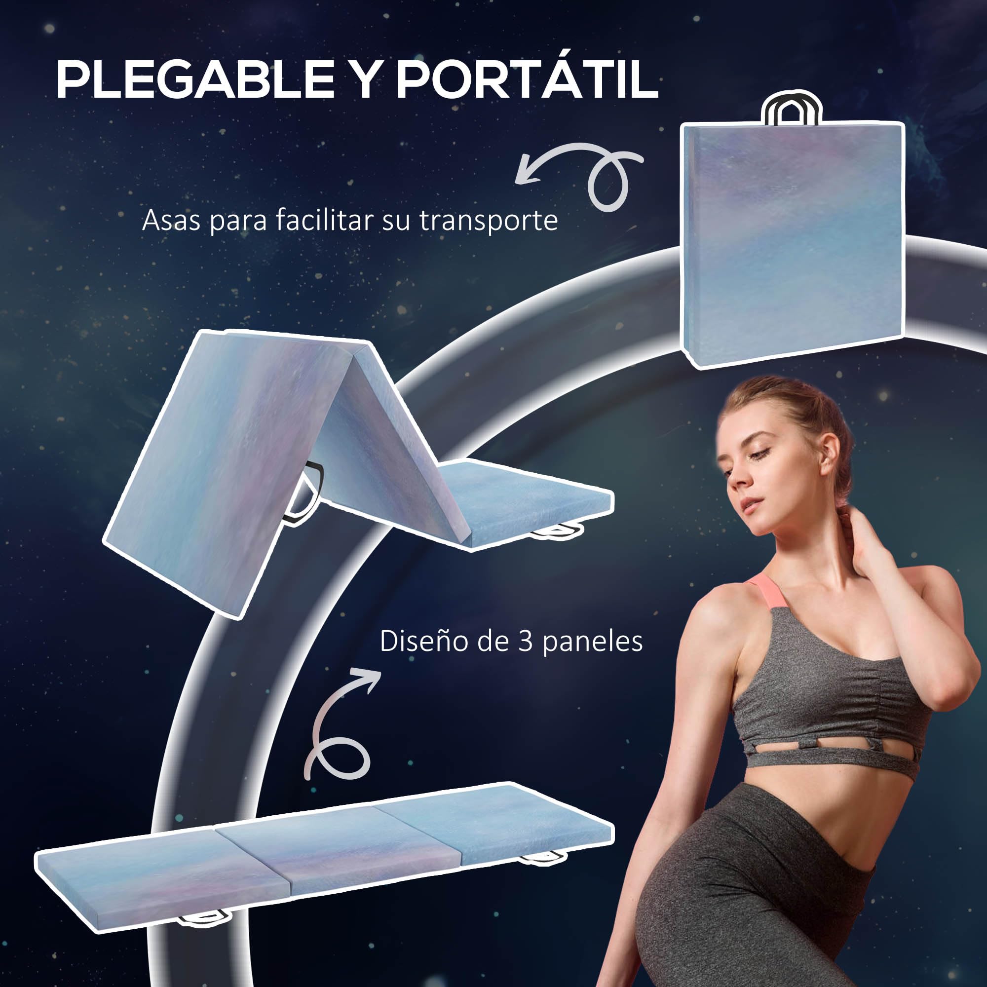 HOMCOM Colchoneta Gimnasia Plegable 5 cm 180x60x5 cm Azul Degradado | Tapete de Ejercicio, con Asas de Transporte, Esterilla de Gimnasia para Yoga, Aeróbic, Artes Marciales