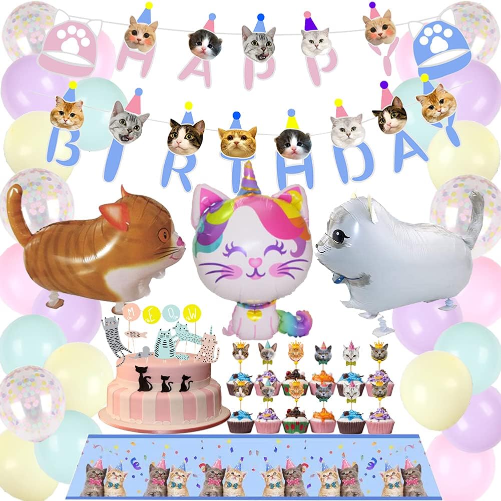 63Pcs Cat Party Decorations Cat Happy Birthday and MEOW Cat Face Banner Cat Cake Toppers Walking Cat Balloons for Pets, Cat Lover, Kids Cat Theme Birthday Party