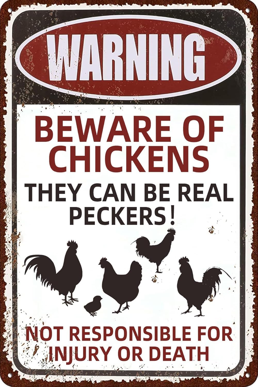 SMAZDFXX Funny Chicken Coop Vintage Metal Tin Signs Beware Of Chickens Warning Sign Wall Art Decor Plaque for Home Garden Farm Cafe Pub Bar Outdoor Decorative 12"x16"