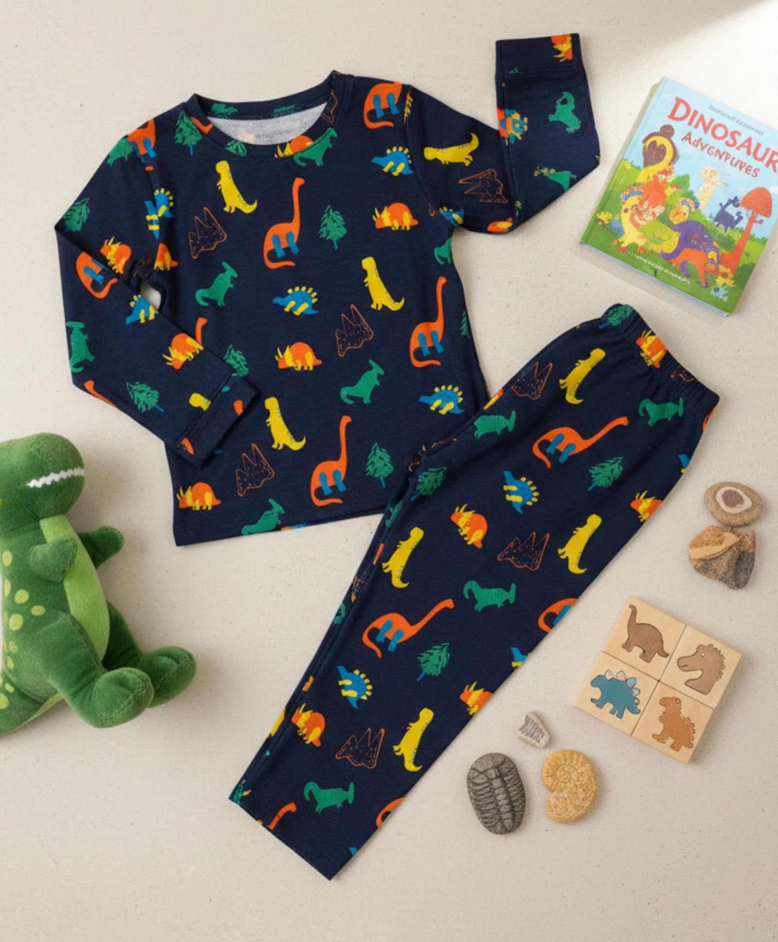 Anthrilo Pajama T-Shirt Set for Girls | Kids Night Suit for Girls | Nightwear | 100% Cotton Pyjama Set Dinosaur Fun Navy Print | Long Sleeve T-Shirt and Pajama | 6-12 Months 4