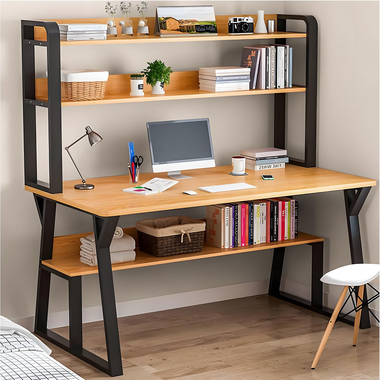 Occuwzz Occuwzz Computer Desk with Storage Shelves and Bookshelf, Modern Simple Desk with Sturdy Metal Frame Writing Study Workstation for Home and Office, 120x60x74CM(Black)