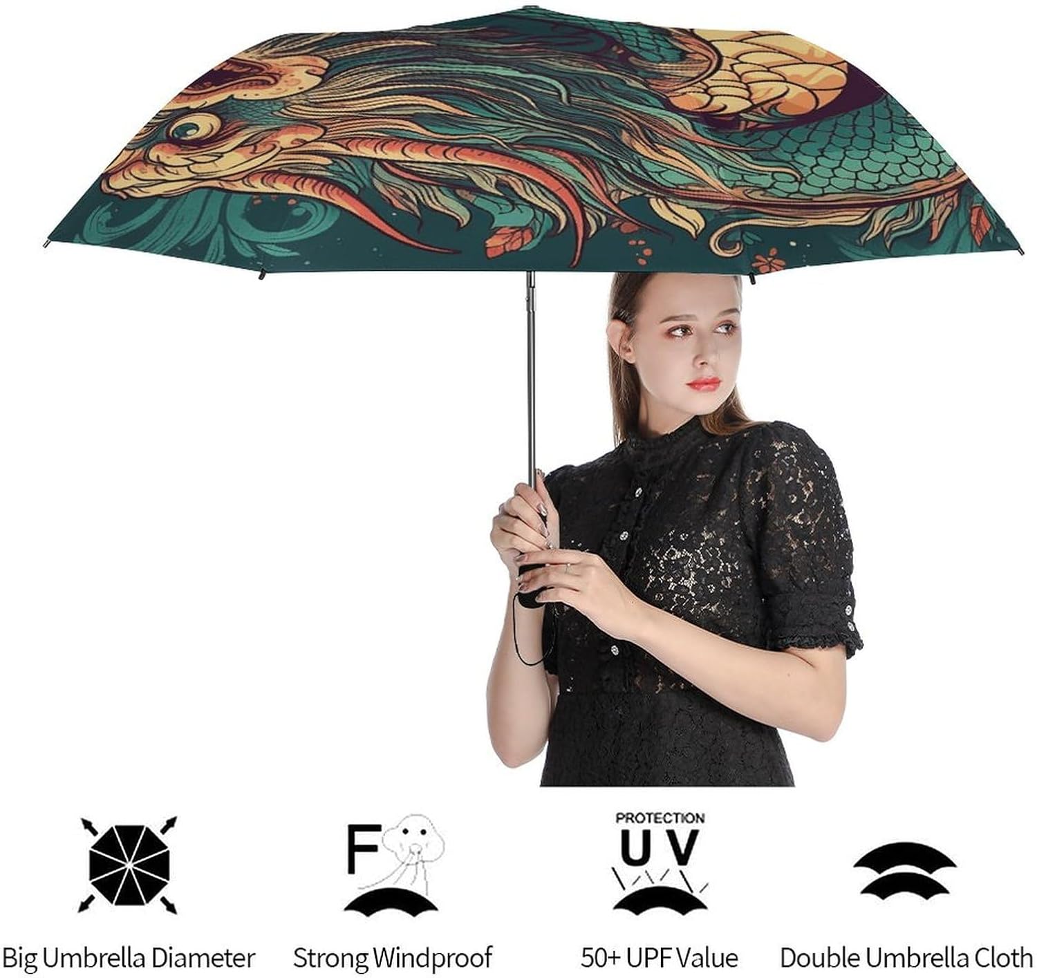 Oriental Dragon Pattern Umbrella for Rain Golf Umbrella | 43.3 inch Travel Portable Automatic Folding Umbrella for Rain Lightweight Travel Umbrella for Women Men