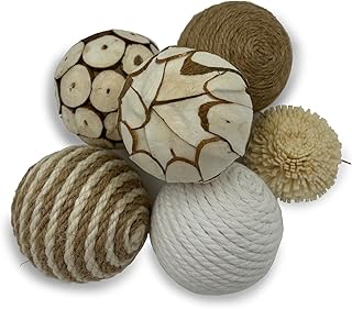 Flyekist 6 Pcs Decorative Balls for Centerpiece Bowls,2.36 Inch Natural Handmade Cotton Linen Orbs Balls,Wood Decorative Ball,Vase Fillers, Home Table Decor