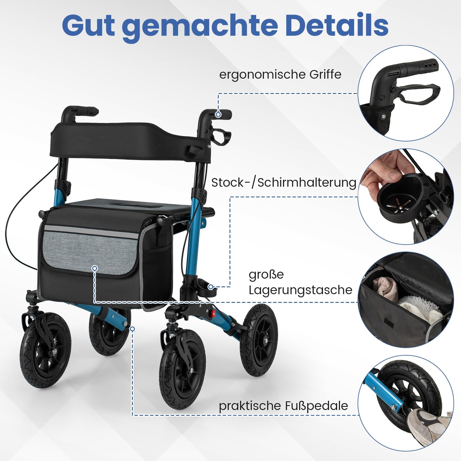 COSTWAY Rollator mit Luftbereifung, faltbar und leicht mit Sitz, Aluminium, bis 140 kg, 2 in 1 Rollstuhl & Reiserollator, Gehhilfe 7-fach höhenverstellbar, Gehwagen mit Tasche & Stockhalter (Blau)