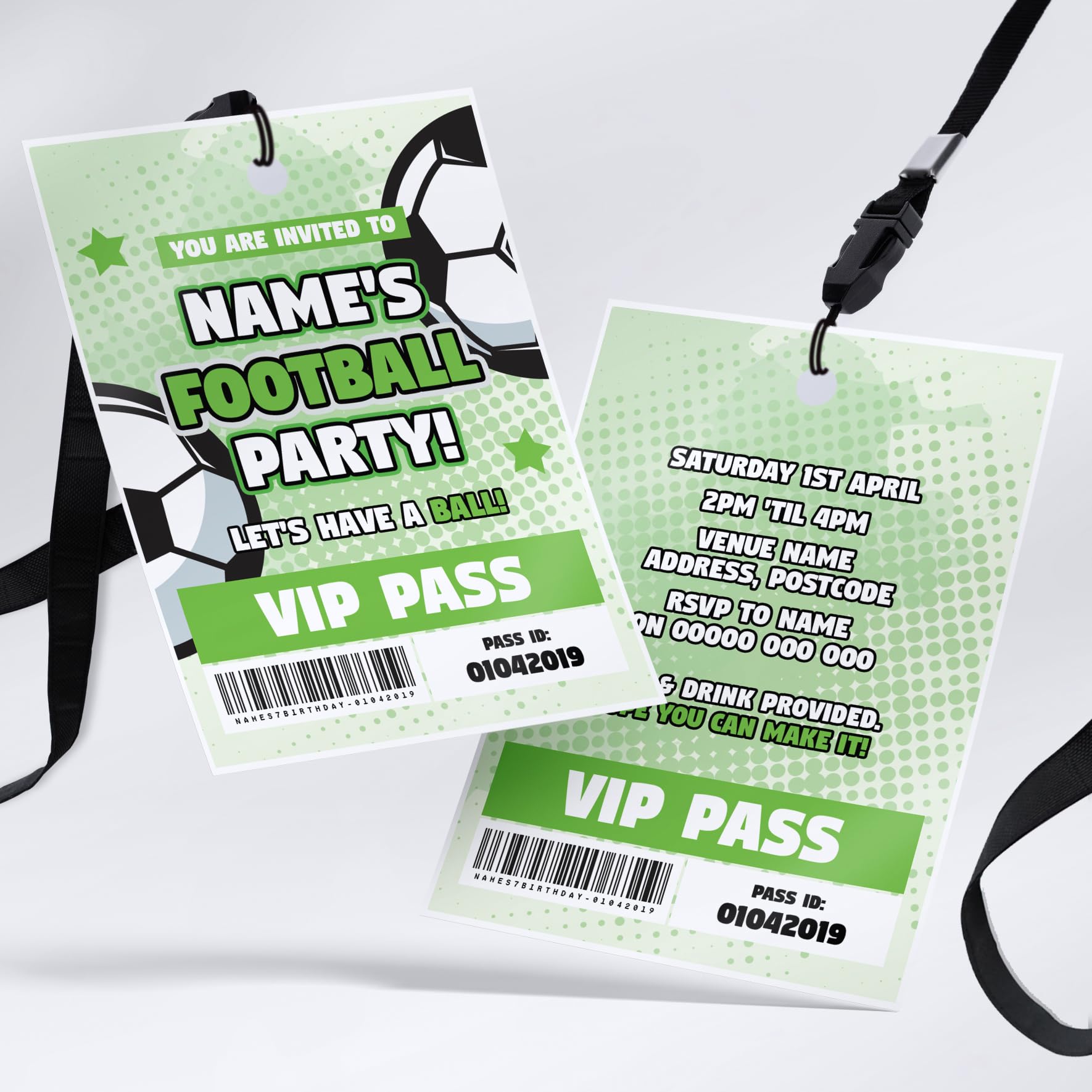 MJ DESIGN & PRINT Personalised Football Party Invitations Lanyard Passes, Birthday, Kids, Sports, Multicoloured