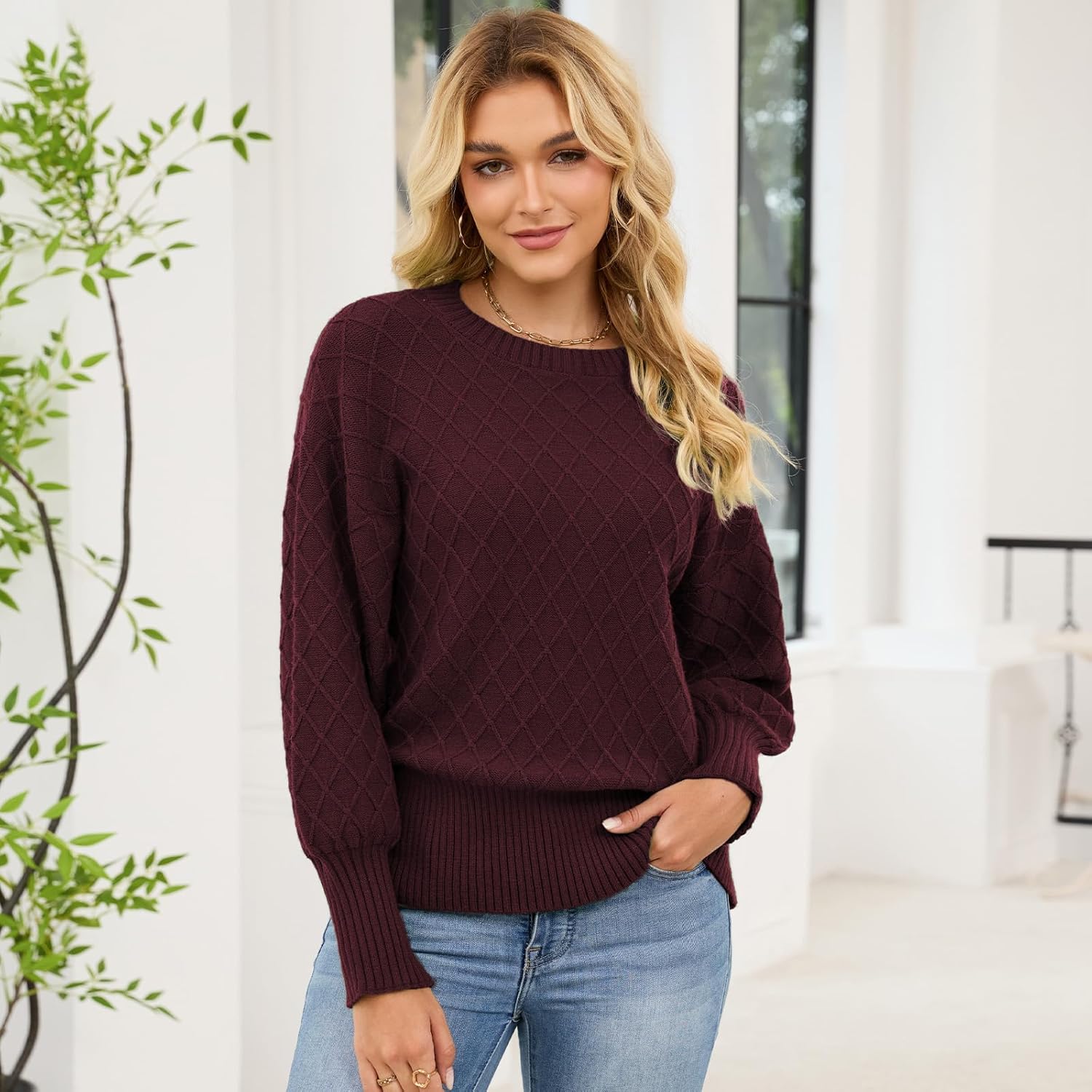 Sweater for Women 2025 Chunky Cable Knit Long Sleeve Sweaters Elegant O Neck Diamond Ribbed Knitted Jumper Tops - Image 2