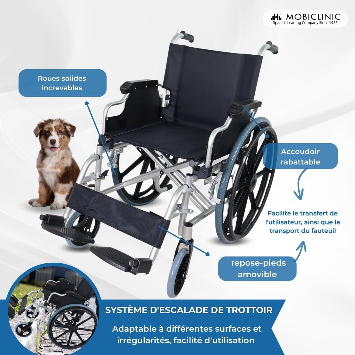 Mobiclinic®, Fauteuil roulant pliable, Léger, Système sous trottoir, Frein de stationnement, Modèle ópera, Aluminium, Roulettes solides, Accoudoirs pliants, Repose-pieds amovibles, Ergonomique
