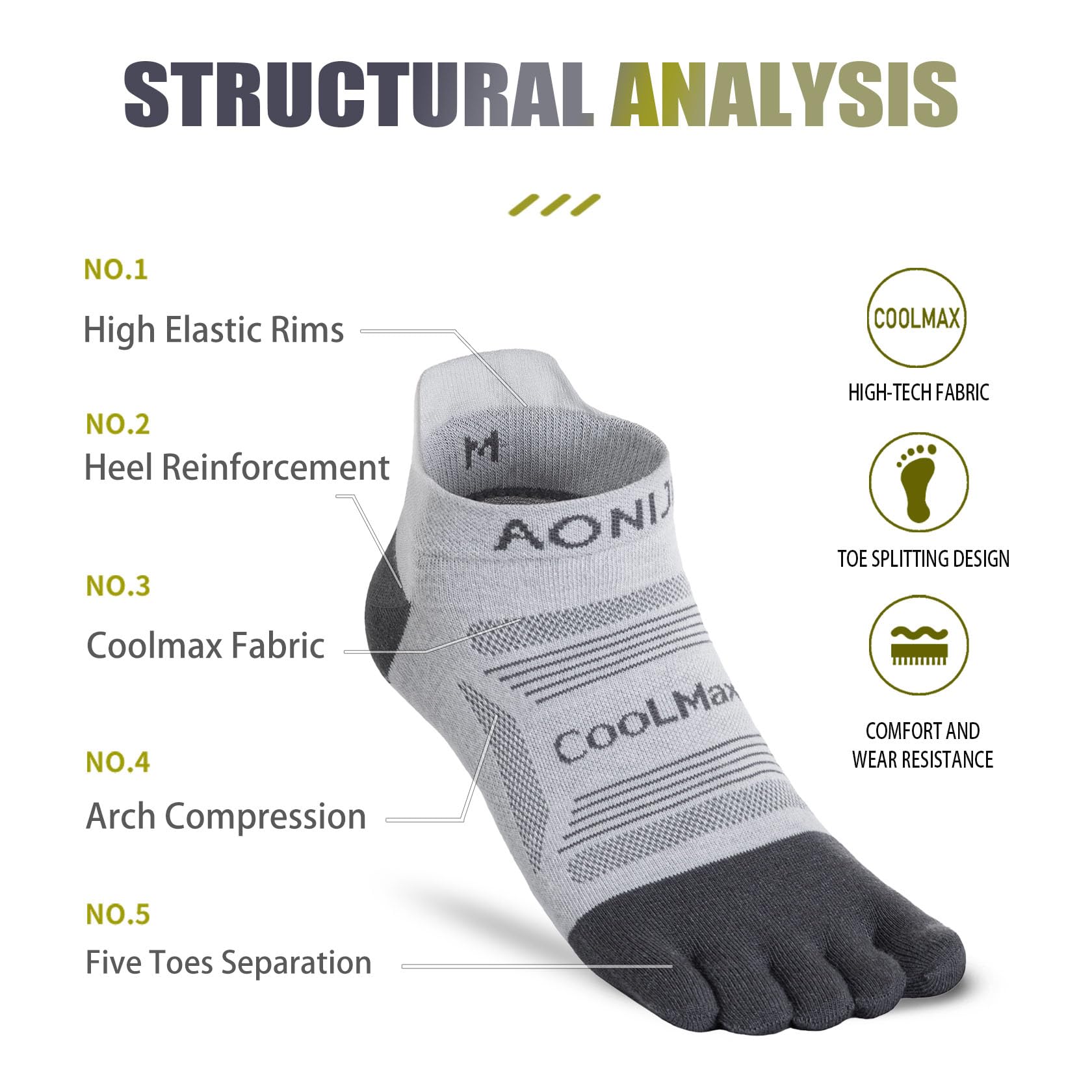 AONIJIE Chaussettes à orteils pour homme et femme haute performance athlétique course à pied 5 doigts, E4839# 3 paires/bleu, jaune, gris clair, Medium