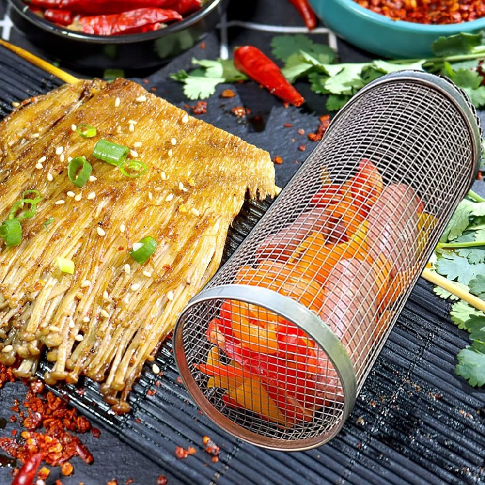 3pcs Rodando Asar a la Parrilla Cesta de Barbacoa de Acero Inoxidable Malla A Prueba de Fugas Parrilla de Barbacoa Picnic al Aire Libre Camping Parrilla de Barbacoa cilíndrica Simple (Color : 30 * 9