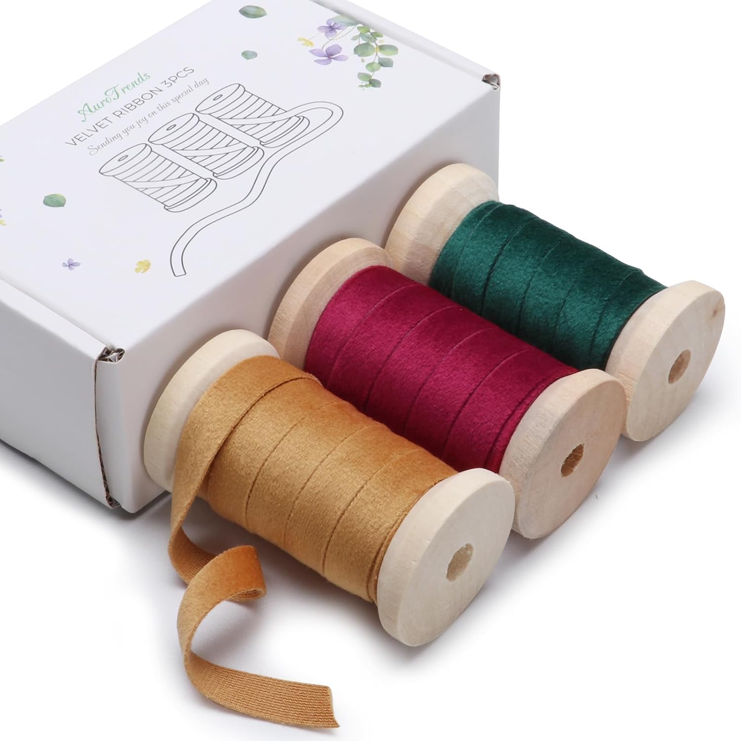 AuroTrends Christmasy Velvet Ribbon 3/8in -3Rolls, 3/8" x 15 Yd Velvet Christmas Ribbon with Wooden Spool- Thin Khaki&Green&Burgundy Velvet Ribbon for Christmas Decoration (Christmasy Color, 3 Rolls)