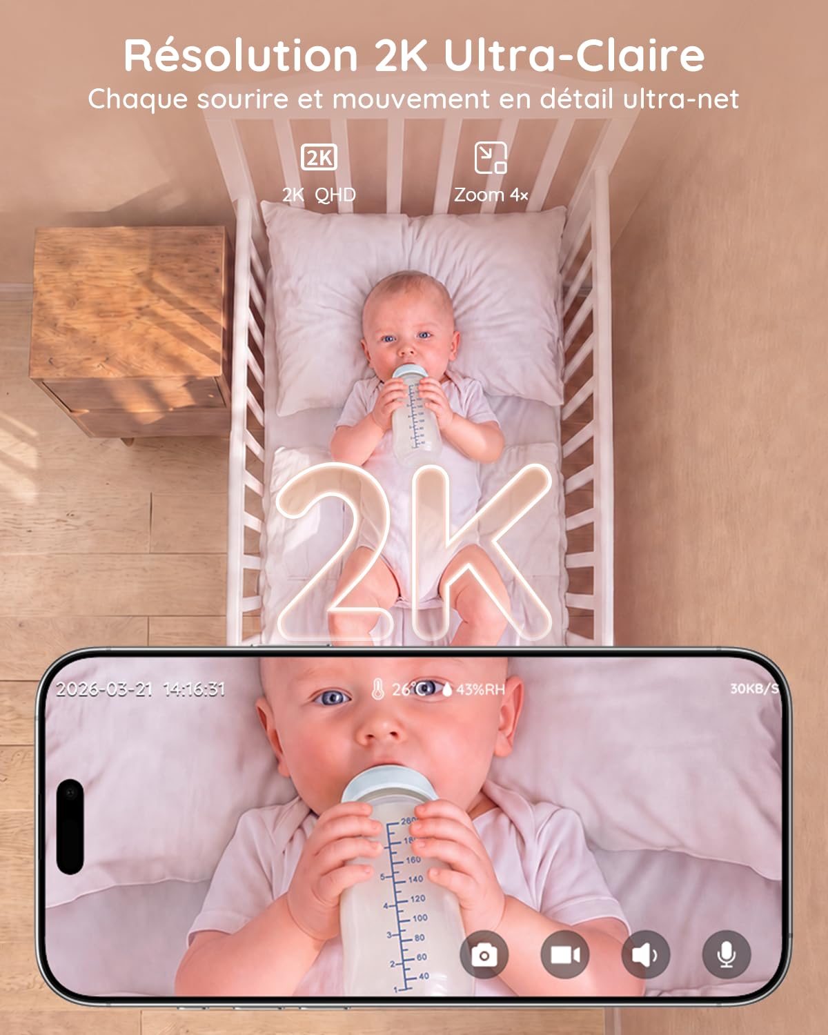 BOIFUN Baby Moniteur vidéo à écran divisé de 5 pouces, 2 caméras, écran 2K et caméra à 360° avec lumière de nuit, contrôle de l'application mobile et moniteur LCD, détection de mouvement et son AI