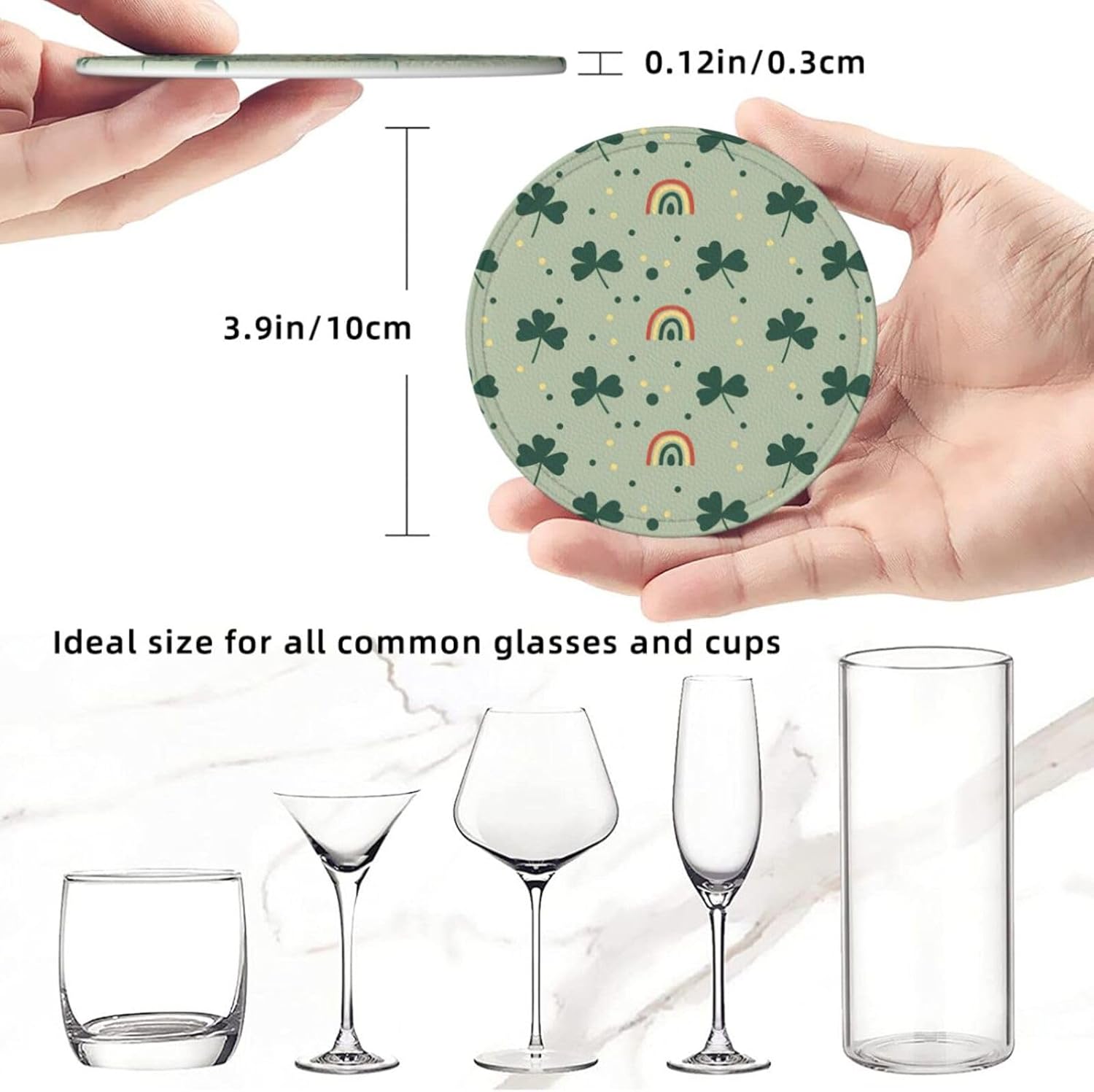 Coasters for Drinks Set of 6 St. Patrick's Day Green Shamrocks Rainbows Dots Round PU Leather Cup Mats with Holder, Irish Theme Party Decorations for Home Bar & Housewarming